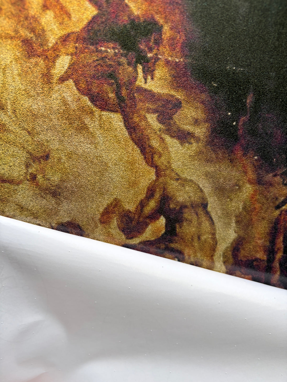 A tall, narrow rectangular rug featuring an abstract classical painting with swirling dark brown, black, gold, and cream tones, shown against a plain white background.