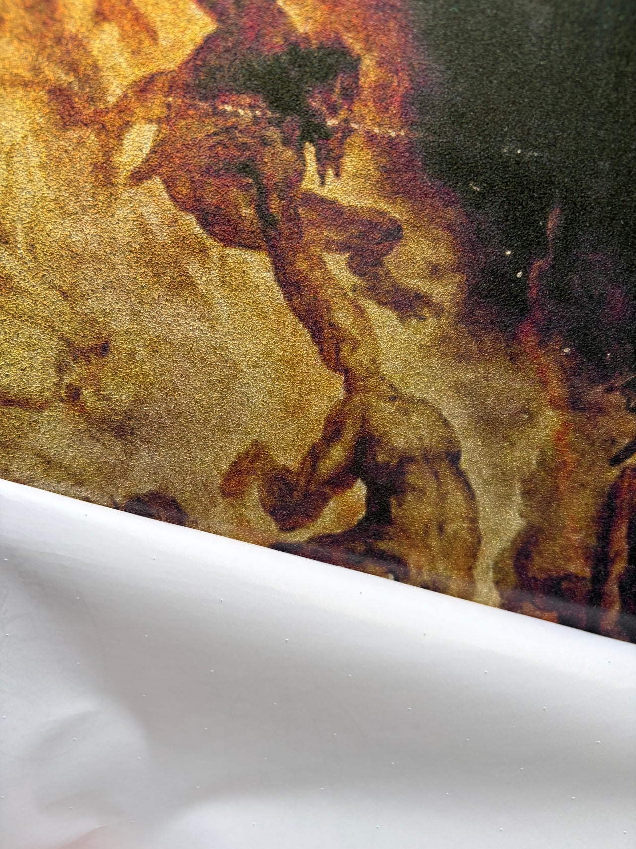 A tall, narrow rectangular rug featuring an abstract classical painting with swirling dark brown, black, gold, and cream tones, shown against a plain white background.