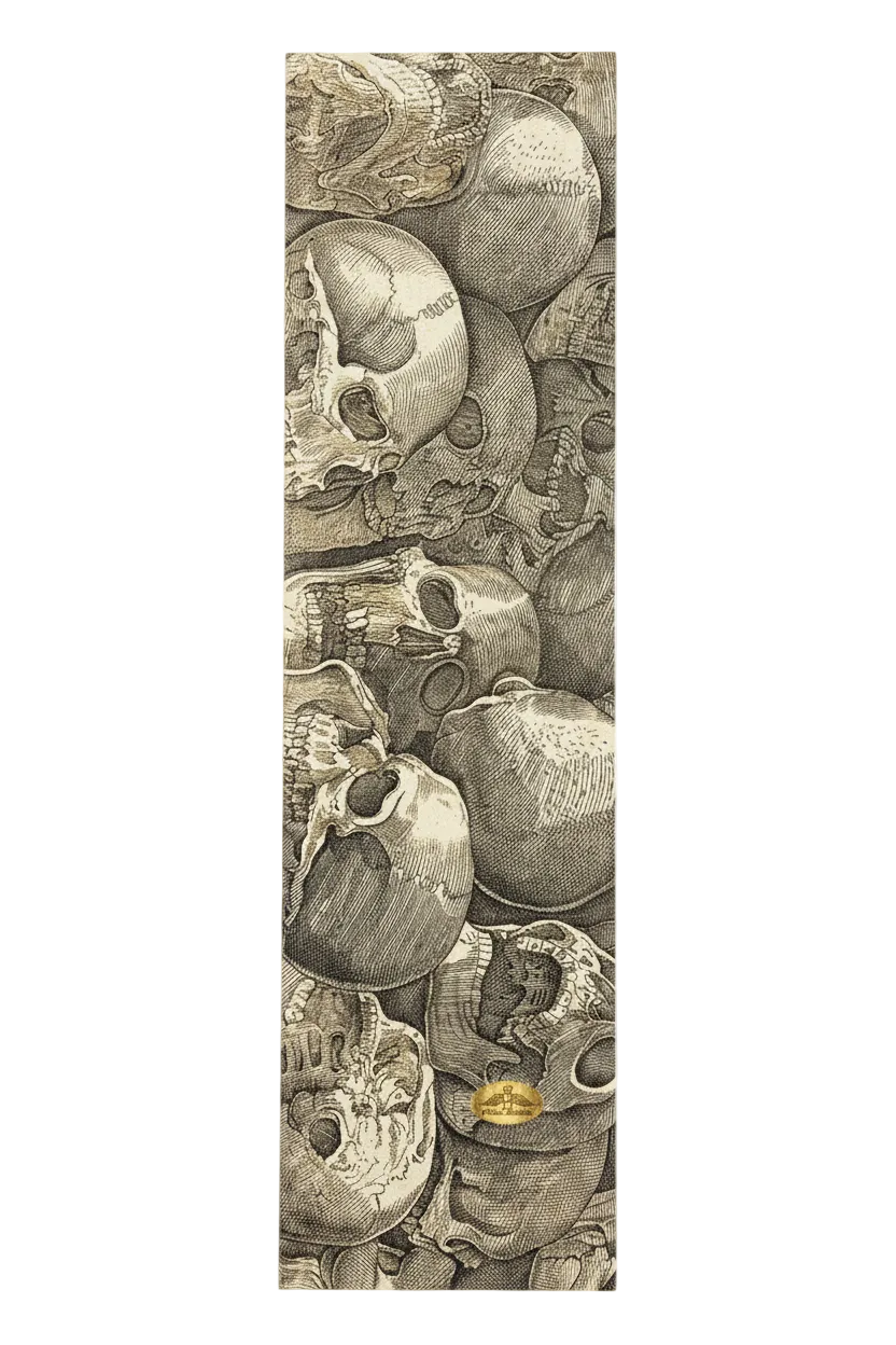 A long rectangular yoga mat featuring a detailed sepia-toned illustration of stacked human skulls, shown against a plain white background.