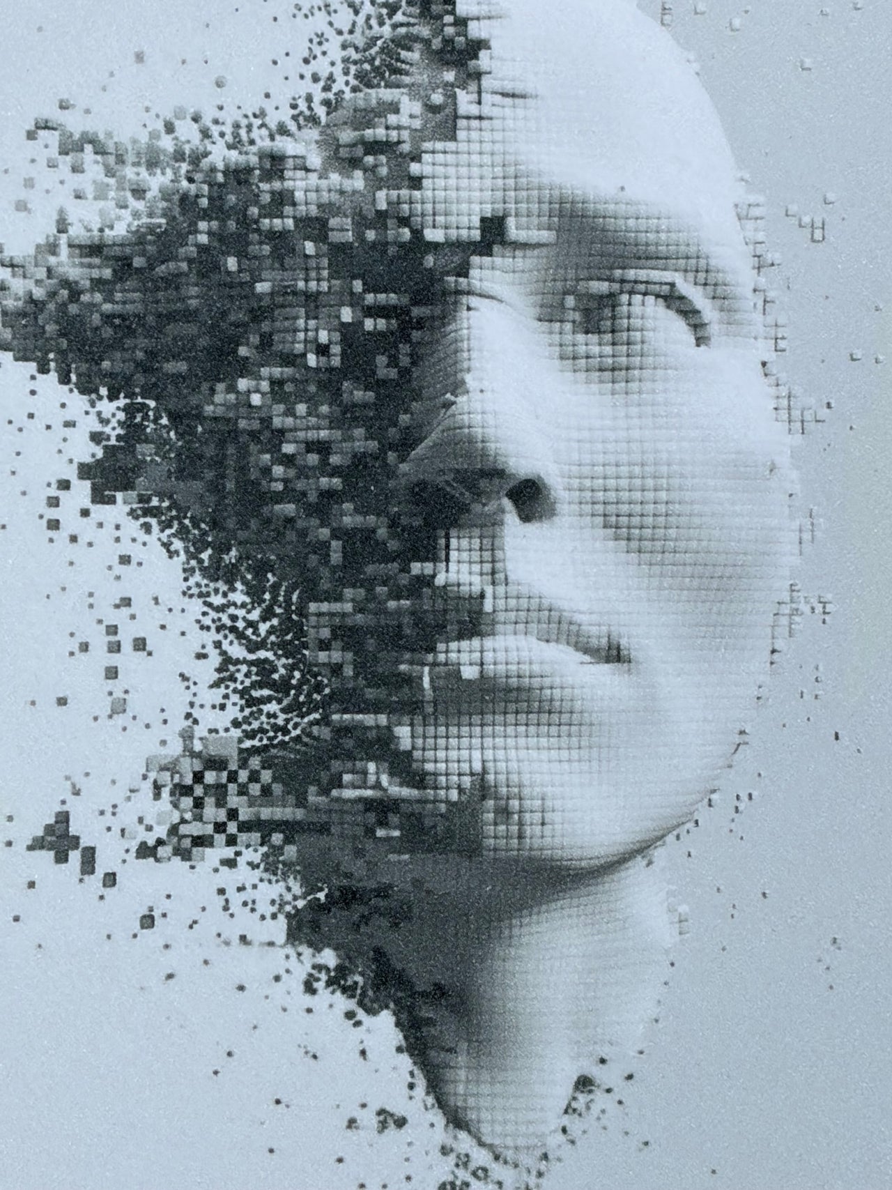 A tall white rectangular print or poster lies on dark asphalt. The artwork shows a grayscale portrait of a face with the left side dissolving into black speckles, and a small white logo near the bottom.