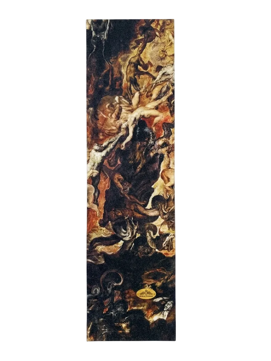 A tall, narrow rectangular rug featuring an abstract classical painting with swirling dark brown, black, gold, and cream tones, shown against a plain white background.